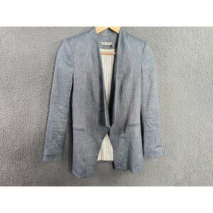 Alice + Olivia Blazer Allison Linen Blend Draped-Collar Chambray Blue White Sz 0